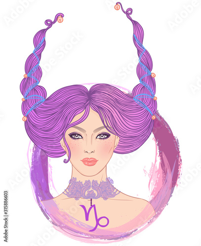 Illustration of Capricorn astrological sign as a beautiful girl. Zodiac vector illustration isolated on white. Future telling, horoscope, alchemy, spirituality, occultism, fashion woman.
