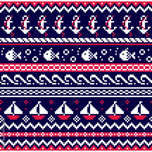 Nautical Scottish Fair Isle style traditional knitwear vector seamless pattern, sailing design with anchors, fish, and boats