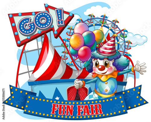 Fun fair sign template with happy clown and rides in background