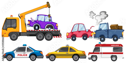 Set of car crash and police car