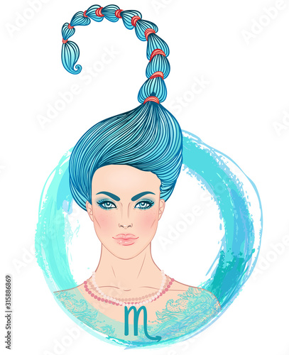 Illustration of Scorpio astrological sign as a beautiful girl. Zodiac vector illustration isolated on white. Future telling, horoscope, alchemy, spirituality, occultism, fashion woman.