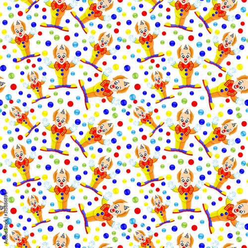 Seamless pattern with funny clowns jugglers on a white background.