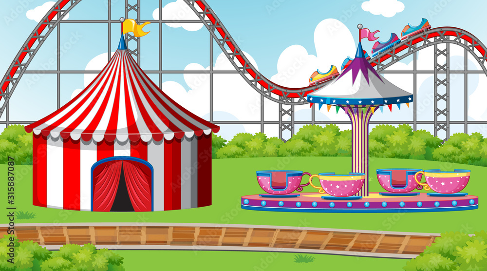 Scene with roller coaster and spinning cup in the fair Scene with roller coaster and spinning cup in the fair