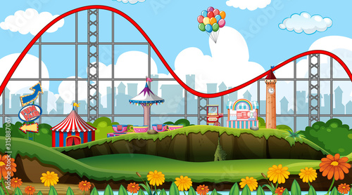 Scene with roller coaster and other rides in the park