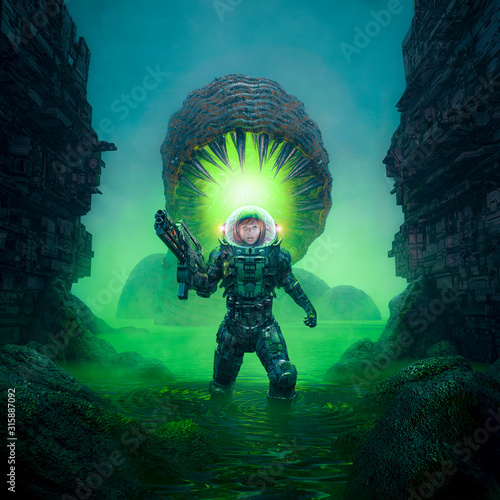Tablou pe pânză Return to forbidden planet / 3D illustration of retro science fiction scene show