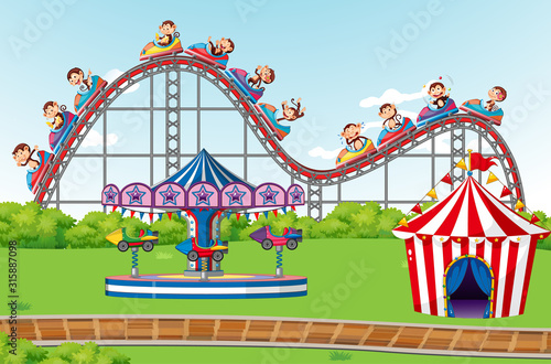 Scene with happy monkeys riding roller coaster in the park