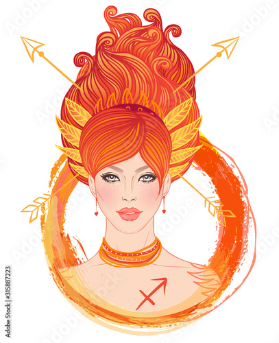 Illustration of Sagittarius astrological sign as a beautiful girl. Zodiac vector illustration isolated on white. Future telling, horoscope, alchemy, spirituality, occultism, fashion woman.
