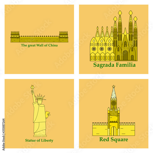 Travel, journey concept. Famous monuments of world countries. Vector illustration