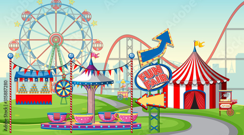 Scene with ferris wheel and big circus tent in the fair