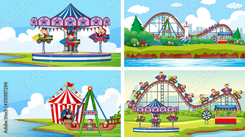 Four scenes with many rides in the fun fair
