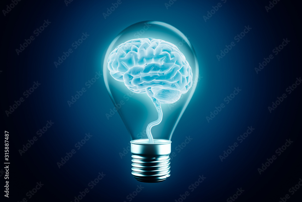 Glowing human brain cortex in a lightbulb on a blue background. 3d rendering illustration. Idea, intelligence or intellect, cognition, imagination, learning, think, knowledge, studies concept. Glowing human brain cortex in a lightbulb on a blue background. 3d rendering illustration. Idea, intelligence or intellect, cognition, imagination, learning, think, knowledge, studies concept.