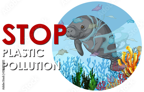Poster design with manatee and plastic bags
