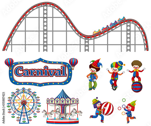 Large set of carnival items and clowns on white background