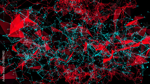 abstract background. red and turquoise particles interconnected. 3d render illustration.