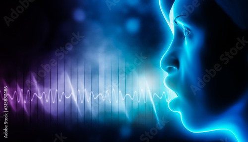 Obraz na plátně Voice soundwave with human head profile representing someone speaking or singing