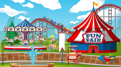 Scene with roller coaster and carousel in the fair