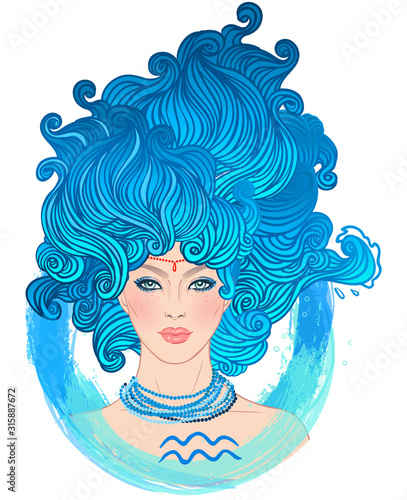 Illustration of Aquarius astrological sign as a beautiful girl. Zodiac vector illustration isolated on white. Future telling, horoscope, alchemy, spirituality, occultism, fashion woman.