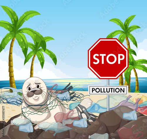 Poster design with seal and stop pollution sign