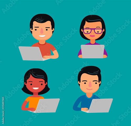 People are sitting at laptop on internet. Social network. E-learning, education vector