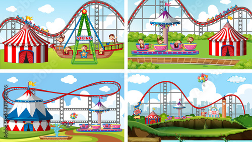 Four scenes with many rides in the fun fair © GraphicsRF