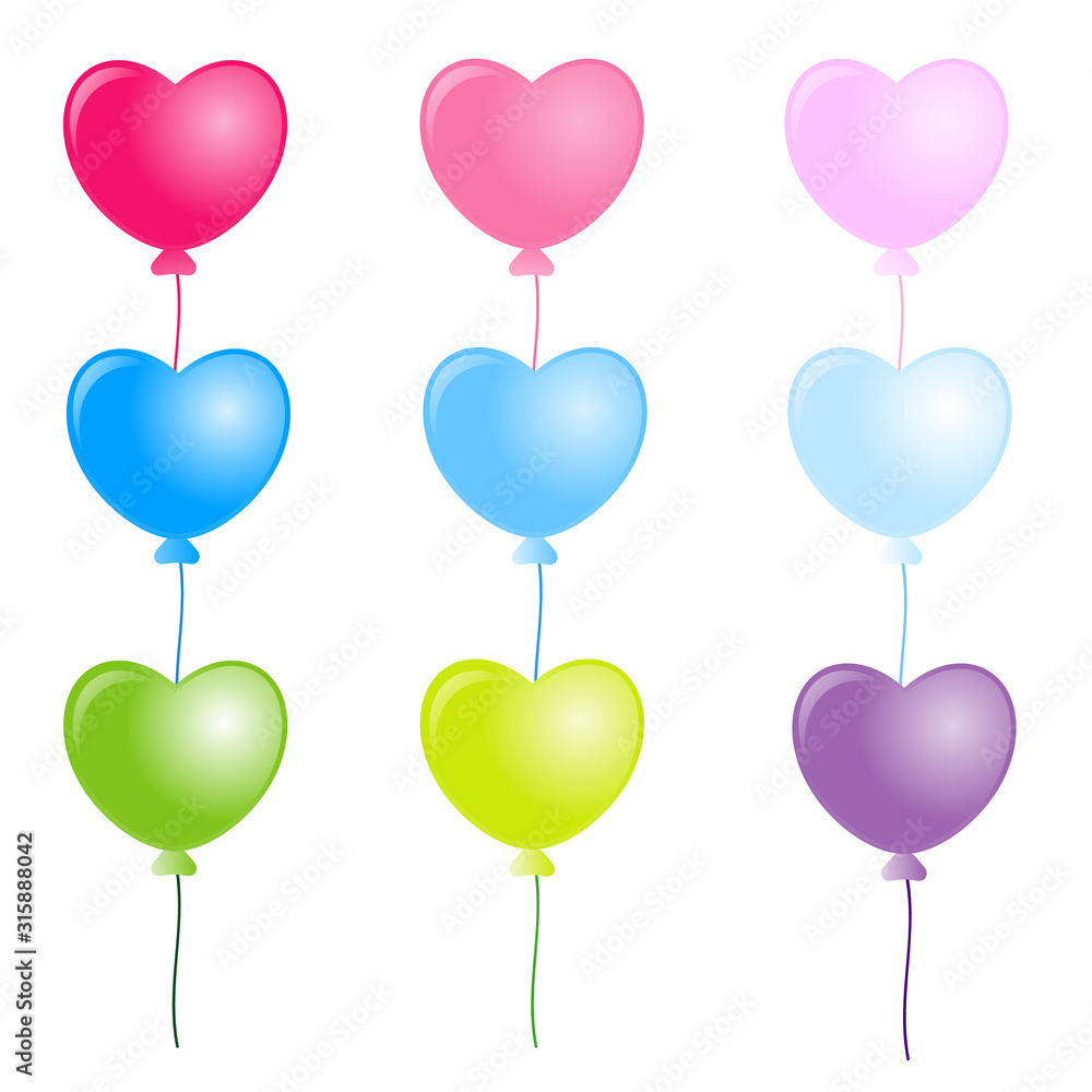 Colorful heart balloons on white background