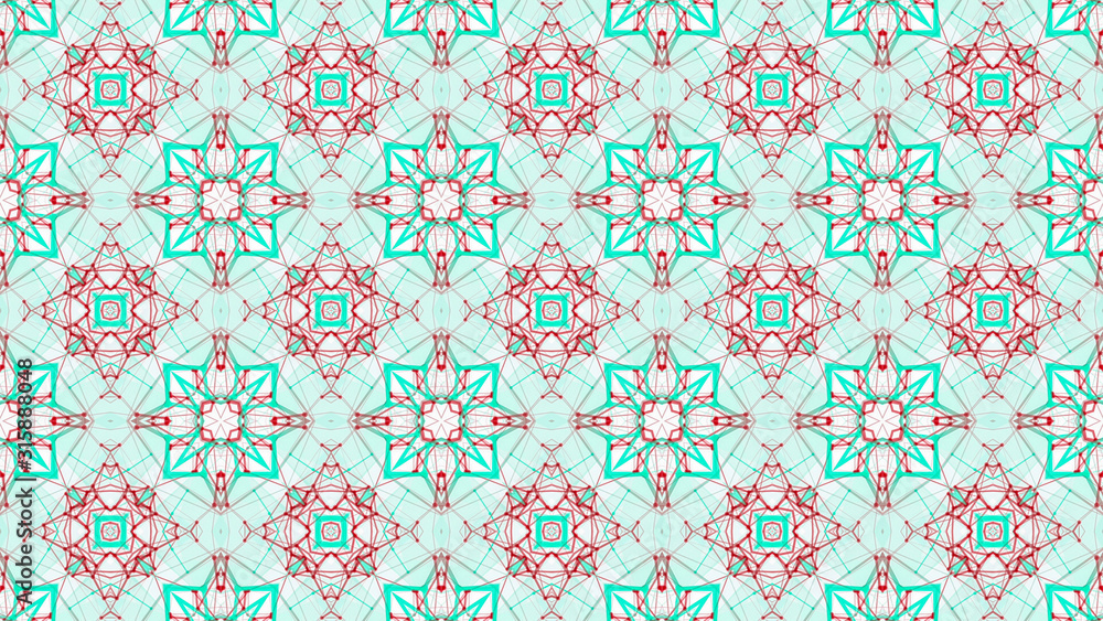 abstract kaleidoscope pattern. red-turquoise shapes on a white background. 3d render illustration.