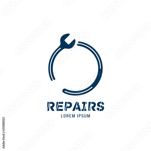 Logo for auto repair shop with wrench and wheel. Setup and maintenance. Flat vector illustration EPS 10