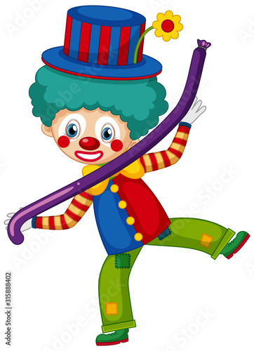 Happy clown with purple balloon on white background