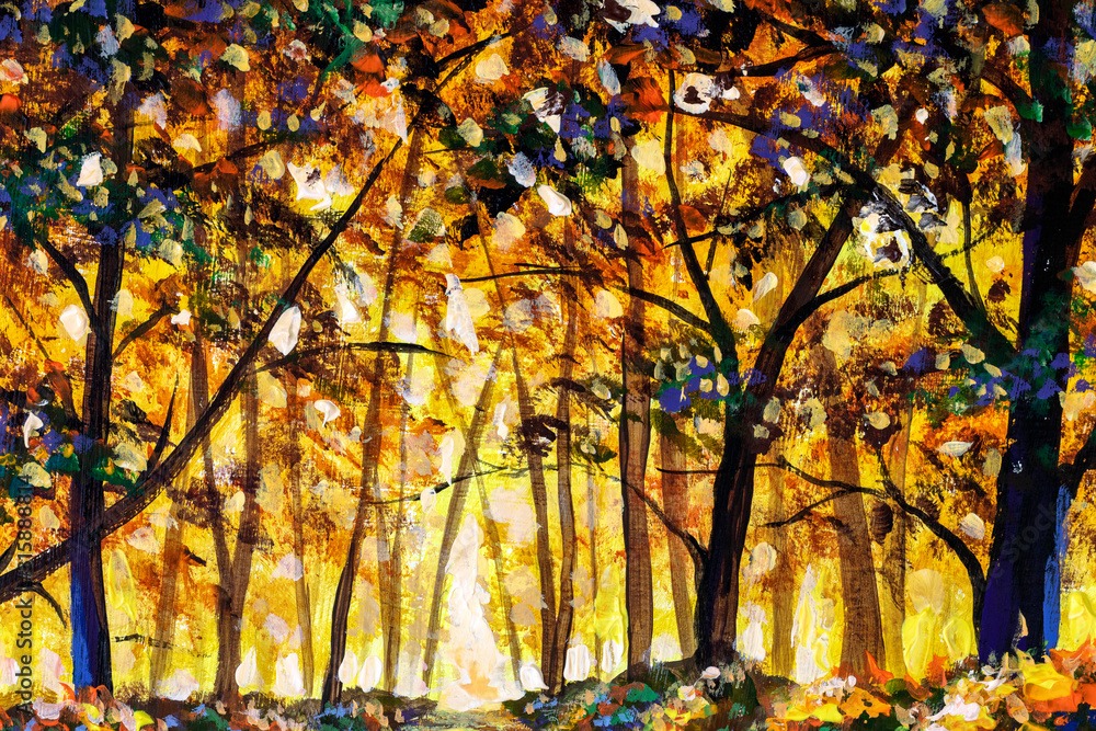 Original oil acrylic painting art - gold orange autumn forest landscape