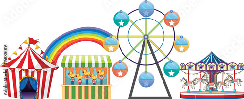 Scene with many circus rides and game on white background