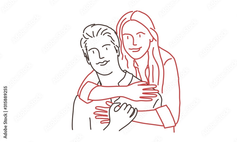 Happy couple. Colour line drawing vector illustration.