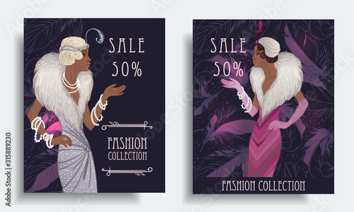 Retro fashion. glamour girl of twenties. African American woman. Vector illustration. Vintage party invitation design template. Fancy black lady.
