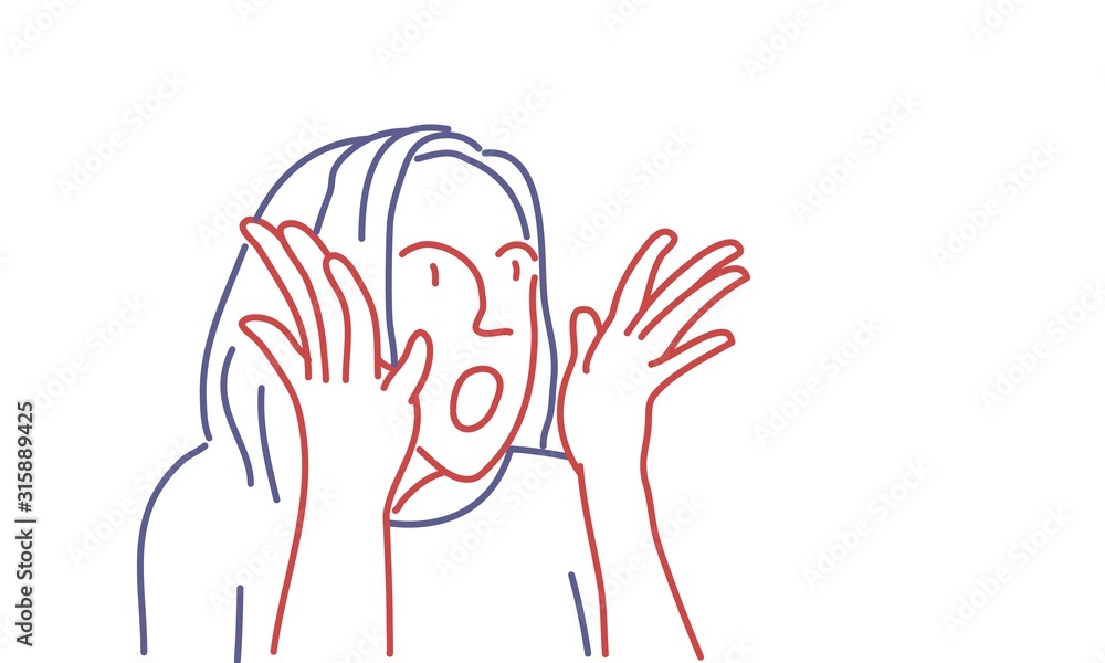 Surprised girl with. Woman screams. Colour line drawing vector illustration. Surprised girl with. Woman screams. Colour line drawing vector illustration.