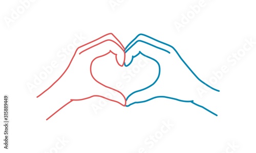 Heart shape hand. Colour line drawing vector illustration.