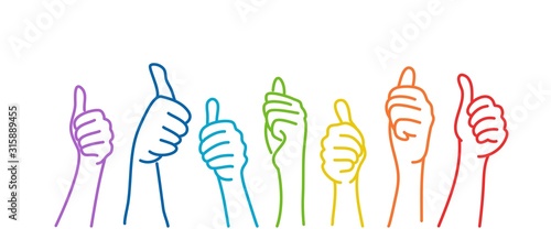 Hands showing thumbs up. Colour line drawing vector illustration.
