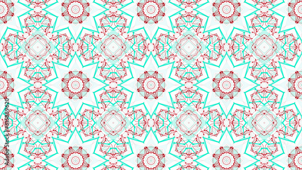 abstract kaleidoscope pattern. red-turquoise shapes on a white background. 3d render illustration.