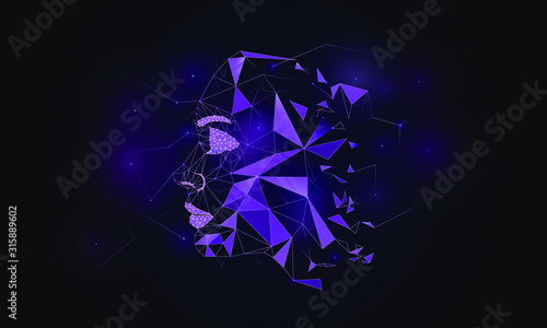 AI abstract face concept, cyber mind, artificial intelligence, virtual robot, consciousness, machine learning, data mining