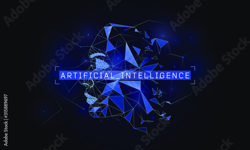 AI abstract face concept, cyber mind, artificial intelligence, virtual robot, consciousness, machine learning, data mining