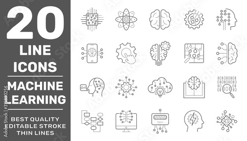 Vector thin outline icons set with machine learning, smart robotic and cloud computing network digital AI technology. Editable Stroke. EPS 10