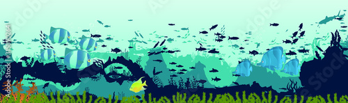 fish and algae on the background of reefs. Underwater ocean scene. Deep blue water  coral reef and underwater plants. a beautiful underwater scene  a vector seascape with reef.
