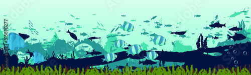 fish and algae on the background of reefs. Underwater ocean scene. Deep blue water  coral reef and underwater plants. a beautiful underwater scene  a vector seascape with reef.