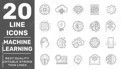 Machine learning simple concept icons set. Contains such icons as data mining, algorithm, classification, AI and more. For used web, logo, UI/UX. Editable Stroke. EPS 10