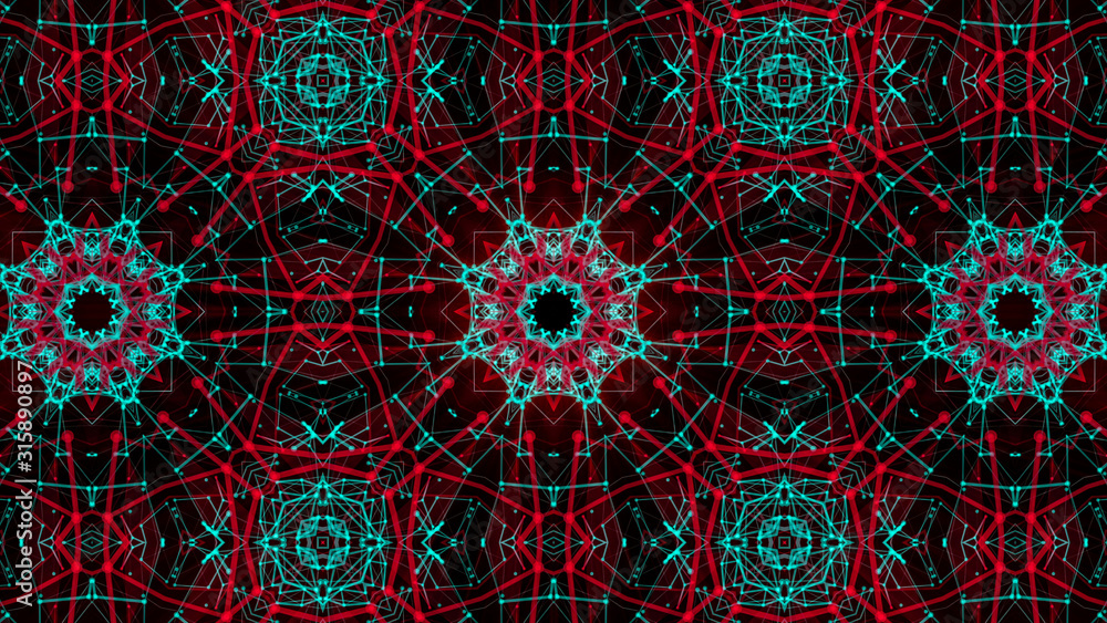 abstract kaleidoscope pattern. red-turquoise shapes background. 3d render illustration.
