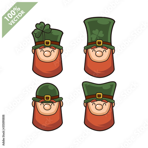 Vector of Leprechaun irish head set of 4. Element for St.Patrick`s day greeting design.