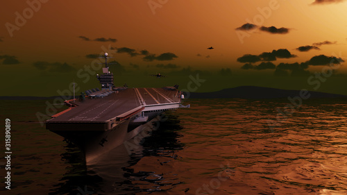 Aircraft carrier ship in the middle of the sea at dawn 3d render photo