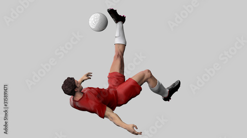 Overhead bicycle kick from soccer player diagonal view isolated 3d render photo