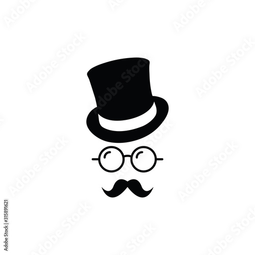 Gentleman icon. Hat. Glasses. Mustache. Vector icon Unknown man with a mustache in the hat, glasses. Inspector or detective icon.