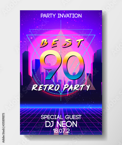 Retro Futurism flyer set. Vector futuristic synth wave illustration. 80s Retro poster Background. Good design for poster, t-shirt print design and poster background. Futuristic vector illustration in