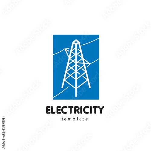 Electric pole logo. High voltage line icon. Blue background with white