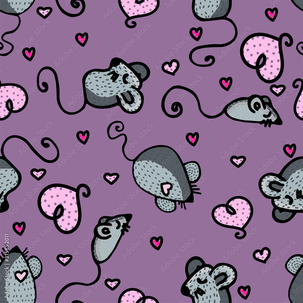 Vector seamless illustration with mice and hearts. Ideal for paper, textile and gift products